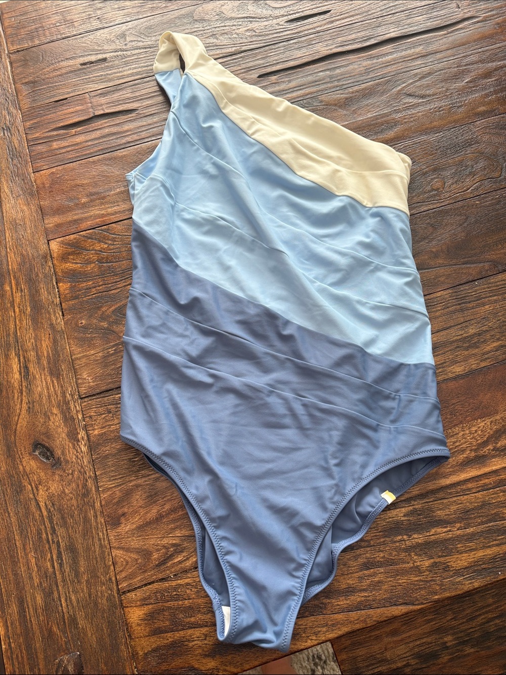 summersalt One-Shoulder Colorblock One-Piece in Navy, Sky Blue, and Cream